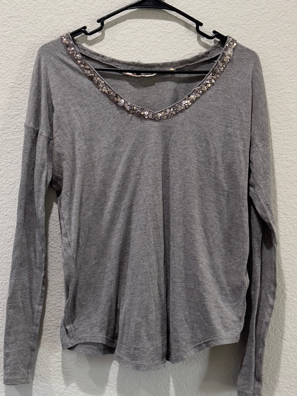 Rebecca Taylor Gray Long Sleeve Tee with Sequin Trim